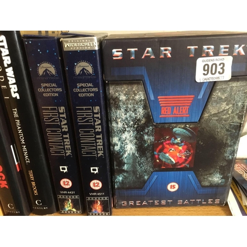 903 - SHELF WITH STAR WARS & STAR TREK ITEMS FROM EXHIBITION, VHS TAPES, FRAMED GLASS PICTURES