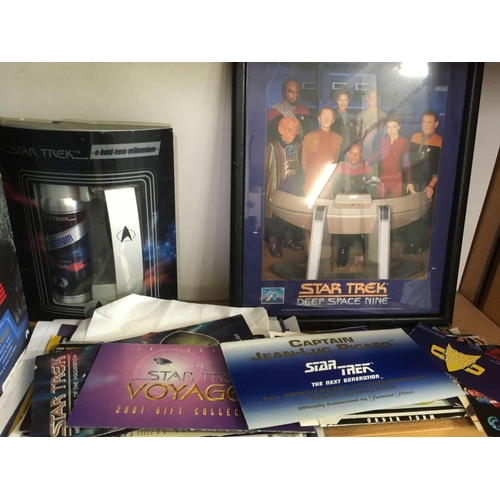 903 - SHELF WITH STAR WARS & STAR TREK ITEMS FROM EXHIBITION, VHS TAPES, FRAMED GLASS PICTURES