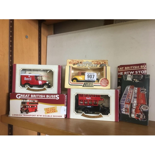 907 - 4 DIE CAST TOYS IN BOXES, VINTAGE LORRIES, CARS & GREAT BRITISH BUSES