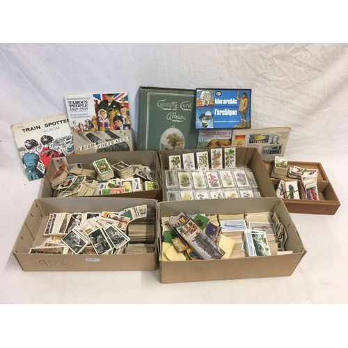 908 - 4 CARTONS OF CIGARETTE CARD ALBUM & A WOODEN BOX OF MISC CIGARETTE & 'T' CARDS