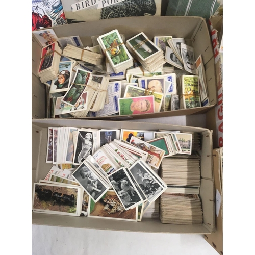 908 - 4 CARTONS OF CIGARETTE CARD ALBUM & A WOODEN BOX OF MISC CIGARETTE & 'T' CARDS