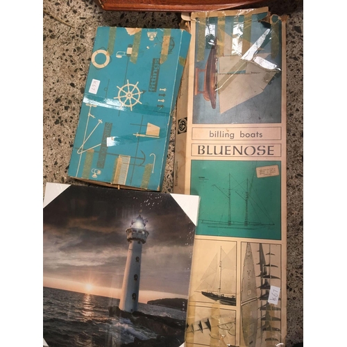 93 - CARTON WITH A PART BUILT SAIL YACHT, AN ILLUMINATED LIGHTHOUSE PICTURE & 2 BAGS OF BRITAIN'S PLASTIC... 