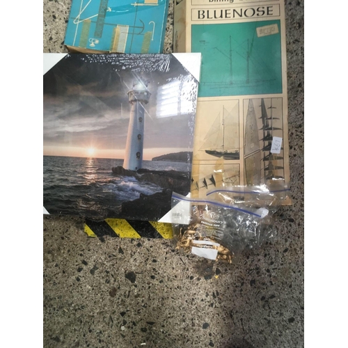 93 - CARTON WITH A PART BUILT SAIL YACHT, AN ILLUMINATED LIGHTHOUSE PICTURE & 2 BAGS OF BRITAIN'S PLASTIC... 