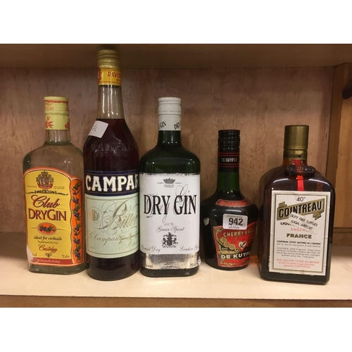 942 - 2 BOTTLES OF GIN, BOTTLE CAMPARI, COINTREAU & CHERRY BRANDY