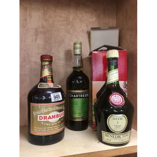 949 - LARGE BOTTLE OF DRAMBUIE, BENEDICTINE & A BOTTLE OF CHARTREUSE