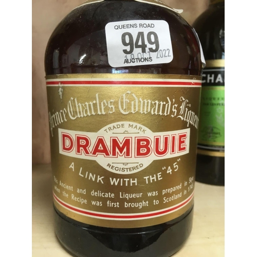 949 - LARGE BOTTLE OF DRAMBUIE, BENEDICTINE & A BOTTLE OF CHARTREUSE