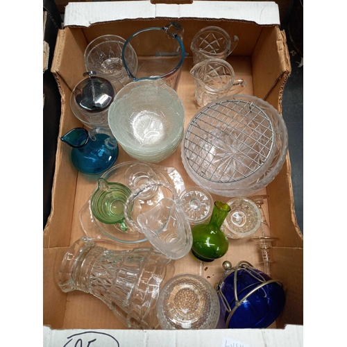 95 - 2 CARTONS OF MIXED GLASSES, ROSE BOWLS, VASES