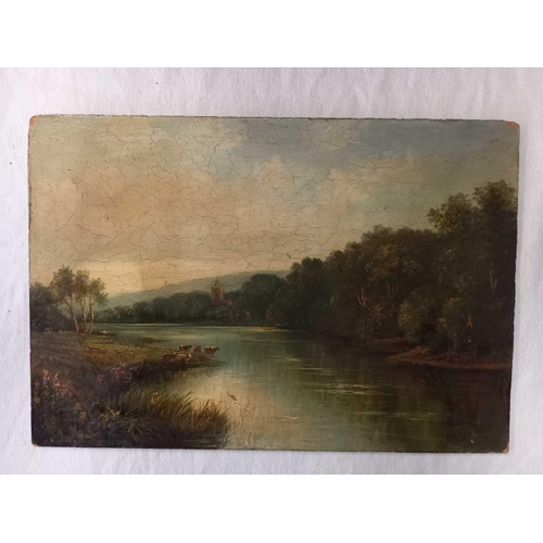 517 - UNFRAMED 19THC OIL PAINTING ON BOARD OF A TRANQUIL ENGLISH RIVER LANDSCAPE, WITH CATTLE WATERING, SI... 