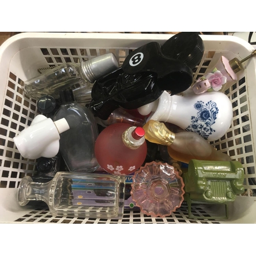 10 - PLASTIC CARTON OF MISC SCENT BOTTLES, SOME WITH CONTENTS.