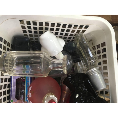 10 - PLASTIC CARTON OF MISC SCENT BOTTLES, SOME WITH CONTENTS.