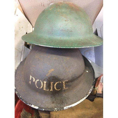 114 - BOX OF OLD MILITARY EQUIPMENT INCL; 2 STEEL HELMETS, ONE MARKED POLICE, VINTAGE GAS MASK, TRUNCHEON,... 