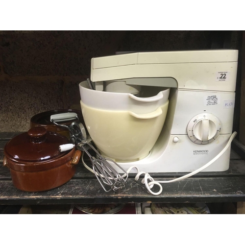 22 - KENWOOD ELECTRONIC FOOD MIXER, 2 BROWN POTS & A WHISK