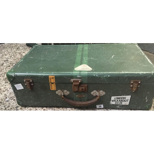 38 - VINTAGE ALUMINIUM SUITCASE OR TRUNK WITH LABELS