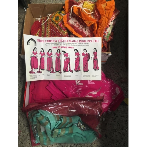 48 - 2 CARTONS CONTAINING 3 SARIS, RED, PINK & GREEN WITH ACCESSORIES & A SELECTION OF INDIAN JEWELLED SK... 