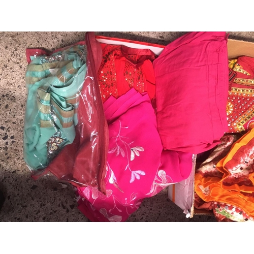 48 - 2 CARTONS CONTAINING 3 SARIS, RED, PINK & GREEN WITH ACCESSORIES & A SELECTION OF INDIAN JEWELLED SK... 