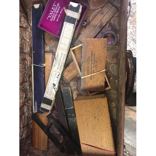 58 - SMALL BROWN LEATHER SUITCASE CONTAINING GEOMETRIC INSTRUMENTS, RULES & DRAWING INSTRUMENTS