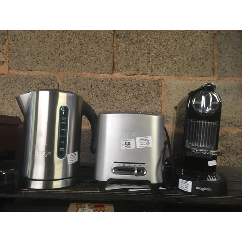 59 - MAGI MIX NESPRESSO MACHINE, NOT KNOWN IF COMPLETE, A SAGE ELECTRIC KETTLE & TOASTER, NEAR NEW CONDIT... 