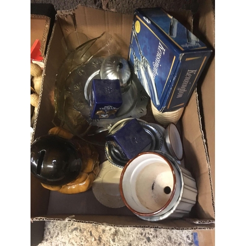 78 - 2 CARTONS OF MISC BRIC-A-BRAC INCL; WOODEN SHOE TREES, PUB GLASSES, MUGS, MONEY BOXES