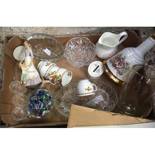 130 - 2 CARTONS OF MISC GLASS & CHINA INCL; JELLY MOULDS, VASES, GLENFIDDICH WATER JUG, BLUE & WHITE COLLE... 