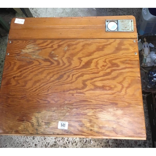 141 - CHILD'S WOOD & METAL DESK WITH INKWELL, WOODWORK NEEDS ATTENTION & A LEATHER DOCUMENT BAG