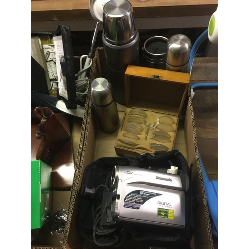 160 - 2 CARTONS INCL; DESK LAMP, THERMOS FLASK, PANASONIC VIDEO CAMERA & OTHER BRIC-A-BRAC