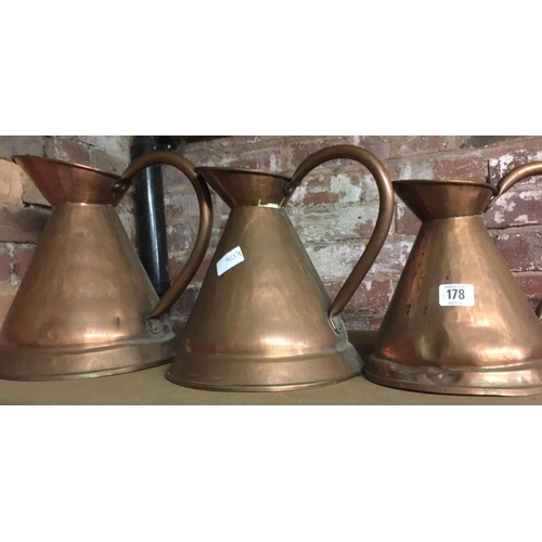 178 - GRADUATED SET OF 5 COPPER ALE JUGS & 2 MORE