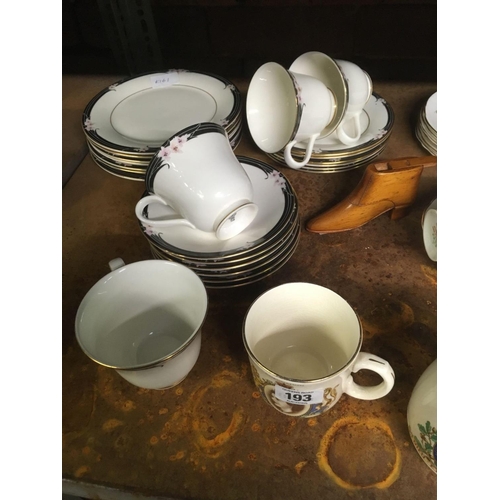 193 - SHELF WITH GLADSTONE CHINAWARE, ROYAL DOULTON ENCHANTMENT CUPS, SAUCERS & PLATES, COW HORN & 2 COMME... 