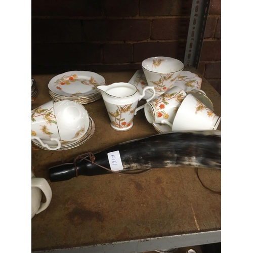 193 - SHELF WITH GLADSTONE CHINAWARE, ROYAL DOULTON ENCHANTMENT CUPS, SAUCERS & PLATES, COW HORN & 2 COMME... 