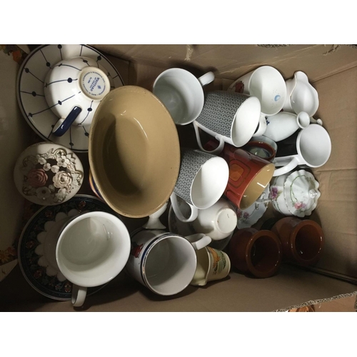 213 - 2 CARTONS OF MISC CHINAWARE INCL; CUPS, MUGS, SAUCERS, BLUE TEA POT, 3 PIECES OF JASPER WARE & 2 WAL... 