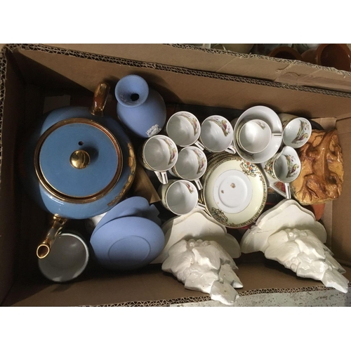 213 - 2 CARTONS OF MISC CHINAWARE INCL; CUPS, MUGS, SAUCERS, BLUE TEA POT, 3 PIECES OF JASPER WARE & 2 WAL... 