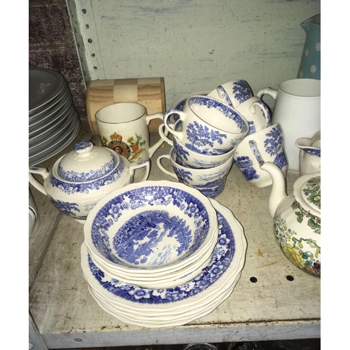 223 - SHELF WITH FIGURINES, BLUE & WHITE CHINA BY SWINNERTONS & OTHER CHINAWARE