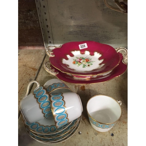 224 - SHELF OF MIXED CHINAWARE, PART SETS OF WEDGWOOD CHINA & HAMMERESLEY & RED FLORAL DECORATIVE CAKE PLA... 