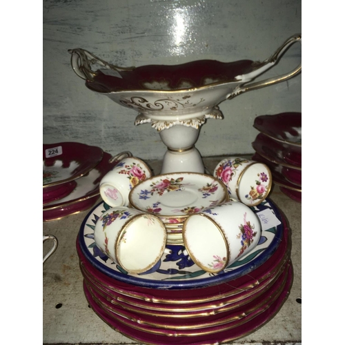 224 - SHELF OF MIXED CHINAWARE, PART SETS OF WEDGWOOD CHINA & HAMMERESLEY & RED FLORAL DECORATIVE CAKE PLA... 