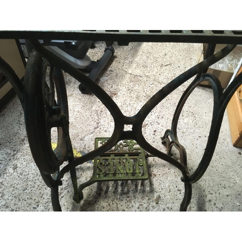 230 - CAST IRON JONES & CO. SEWING MACHINE STAND WITH CAST IRON LATTICE TOP