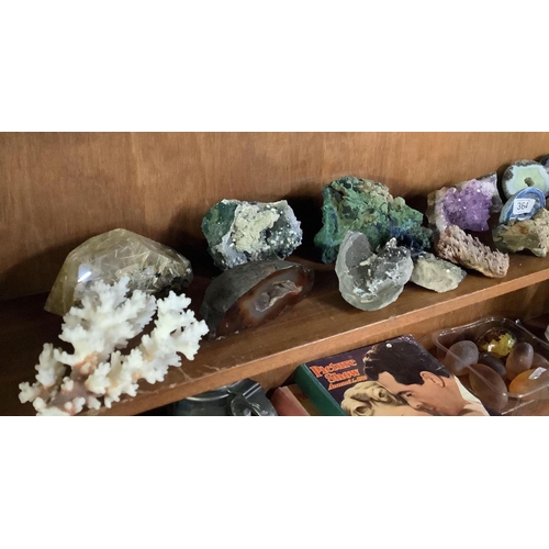 364 - SHELF OF VARIOUS GEODES QUARTZ & CRYSTALS