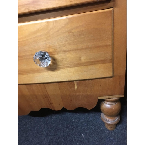 393 - BOW FRONTED PINE CHEST OF 5 DRAWERS WITH GLASS HANDLES