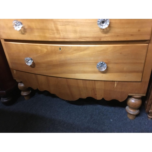 393 - BOW FRONTED PINE CHEST OF 5 DRAWERS WITH GLASS HANDLES