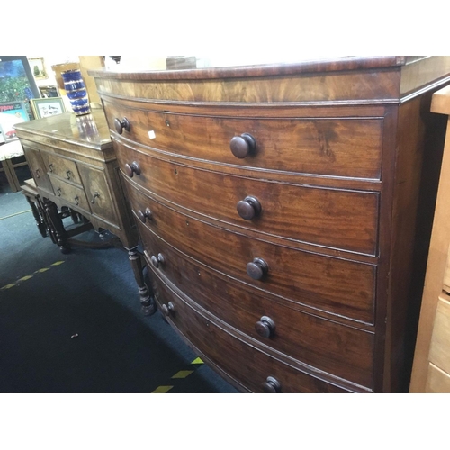 395 - MAHOGANY BOW FRONTED CHEST OF 5 DRAWERS ON BUN FEET