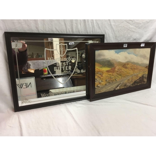 430 - WORTHINGTON BEST BITTER ADVERTISING MIRROR & OIL PAINTING OF A MOORLAND SCENE SIGNED M.R. GALLAGHER