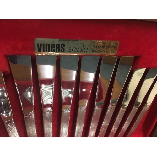 8 - WOOD CUTLERY BOX WITH PART CUTLERY SET BY VINERS