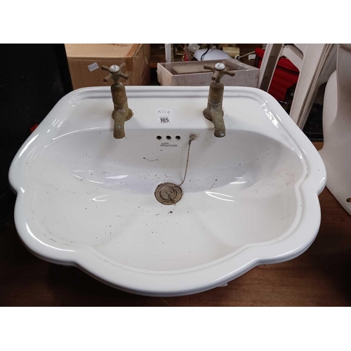 105 - WHITE CERAMIC SINK UNIT WITH 2 TAPS & PLUG BY FORDHAM