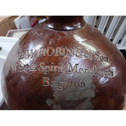 108 - STONEWARE FLAGON FOR EW ROBINS & SON, WINE & SPIRIT MERCHANTS, BRIGHTON, APPROX 21'' TALL