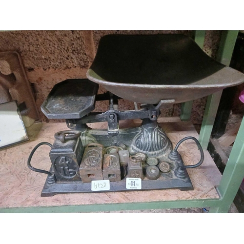 11 - SMALL SET OF SHOP SCALES WITH SQUARE & ROUND WEIGHTS