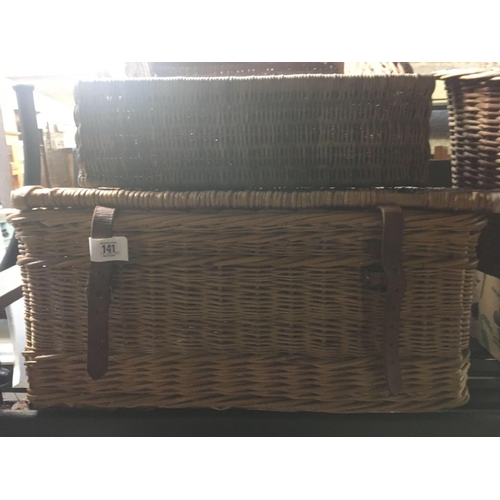 141 - WICKER LAUNDRY BASKET & 2 OTHERS PLUS 3 WASTE PAPER BASKETS