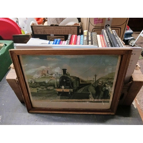 168 - CRATE OF STEAM RAILWAY RELATED ITEMS, BOOKS, PICTURES & LP RECORDS, GLASS IN PICTURE CRACKED