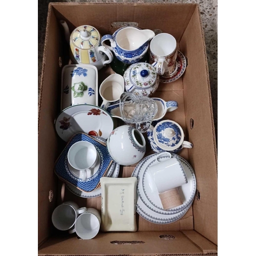 219 - SHELF WITH MIXED CHINAWARE, TEA POTS, JUGS, SUGAR BOWLS