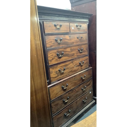 251 - LATE VICTORIAN FLAME MAHOGANY CHEST ON CHEST, 6 LONG & 2 SHORT DRAWERS WITH BRASS DROP HANDLES, NOT ... 