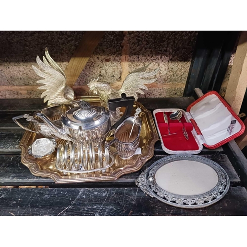 27 - WHITE METAL TRAY WITH A BACHELORS TEA SET,TOAST RACK, CANDLE STICK HOLDERS, PICTURE FRAME & 2 FIGHTI... 