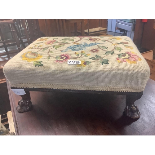 293 - FOOTSTOOL WITH EMBROIDERED TOP & SMALL HAND PAINTED COFFEE TABLE