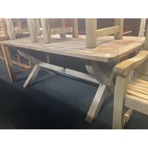 295 - WEATHERED TEAK WOODFURN SEATING SET COMPRISING LARGE TABLE, 6fT X 3ft, & 4 CHAIRS ALL IN SUPERB COND... 